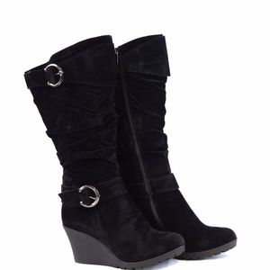 Black Wedge Tall Heel Mid Calf Slouchy Boots NEW